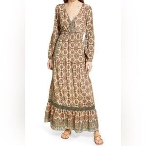 Raga NWT Kasi Long Sleeve Ruffle Maxi Dress Size S Mandala Lace Smocked Boho
